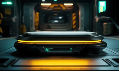 Futuristic cargo container in spaceship corridor. Sci-fi background. Product display