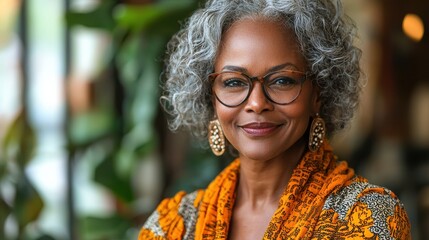 Cheerful and Confident Elderly Woman with Curly Gray Hair and Stylish Glasses Radiating Positivity and Joy in a Vibrant and Colorful Portrait
