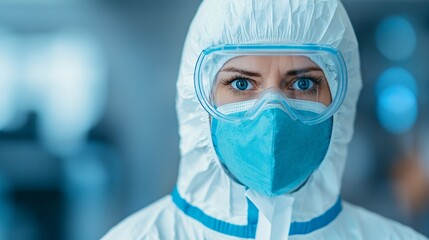 Close up Portrait of a Female Healthcare Worker in Protective Gear PPE Mask Goggles