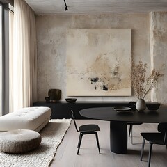 Japandi minimalist living room with dining table in modern interior design for serene and functional home spaces
