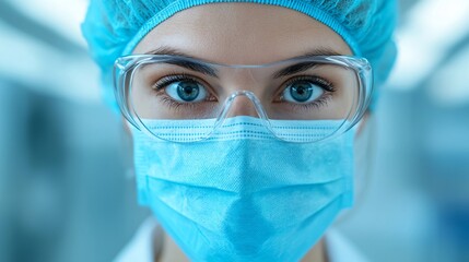 Close up Portrait of Female Medical Professional Wearing Protective Gear Mask and Glasses
