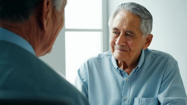 Elderly hispanic man nodding in agreement during therapy session, tracking video with studio key light
