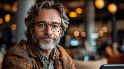 Mature Bearded Man with Gray Hair Wearing Glasses Looks Thoughtfully at in Cozy Indoor Setting Conveying Wisdom Intelligence and Professionalism