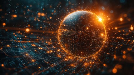 Glowing digital sphere or globe with an intricate web of interconnected lines and points of light representing the global network of technology data and digital infrastructure