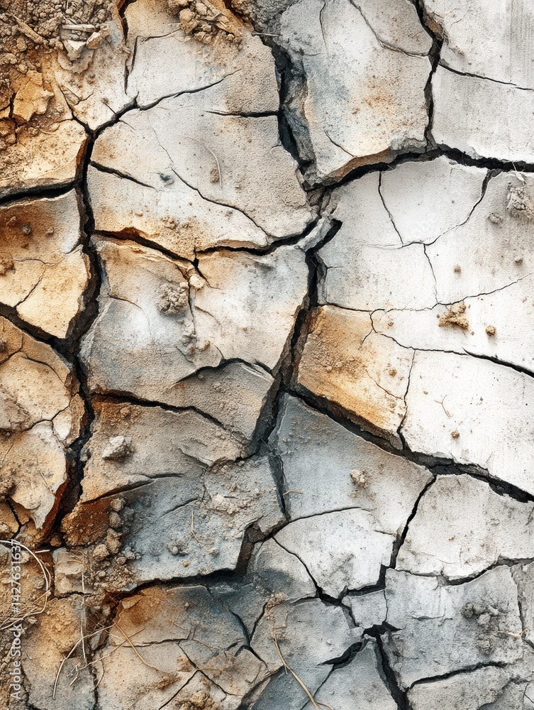 Poster detailed view of cracked dry soil showcasing natural earthy tones and intricate patterns formed by d