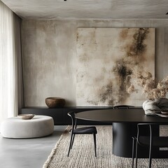 Minimalist, japandi interior design of modern living room with dining table.
