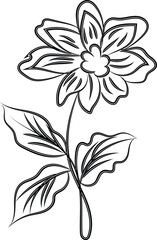 Elegant Black Line Art Flower with Leaves Botanical Illustration