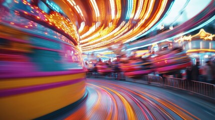 Vibrant carousel spinning at fairground with colorful lights and joyful crowd