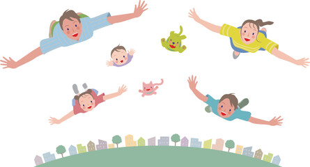 笑顔の親子、家族。街並みの上空を飛行する。