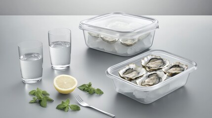 Close-up real photo of oysters on ice with lemon in open shells, top view on a gray background, including fresh mint leaves, a fork, and a glass of water for a nature-inspired delicacy presentation.