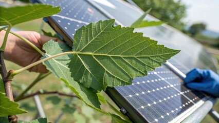 Fototapeta premium Hands holding a solar panel near a green leaf, highlighting the connection between technology and nature in sustainable energy practices.