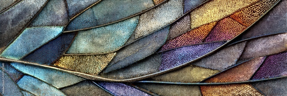 Fototapete close-up view of a butterfly wing pattern highlighting iridescent scales in vibrant colors and intri