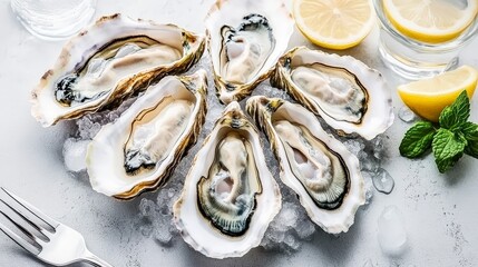 Top view of oysters on ice with lemon in open shells on a gray background, featuring fresh mint leaves, a fork, and a glass of water for a natural delicacy concept in a close-up real photo.