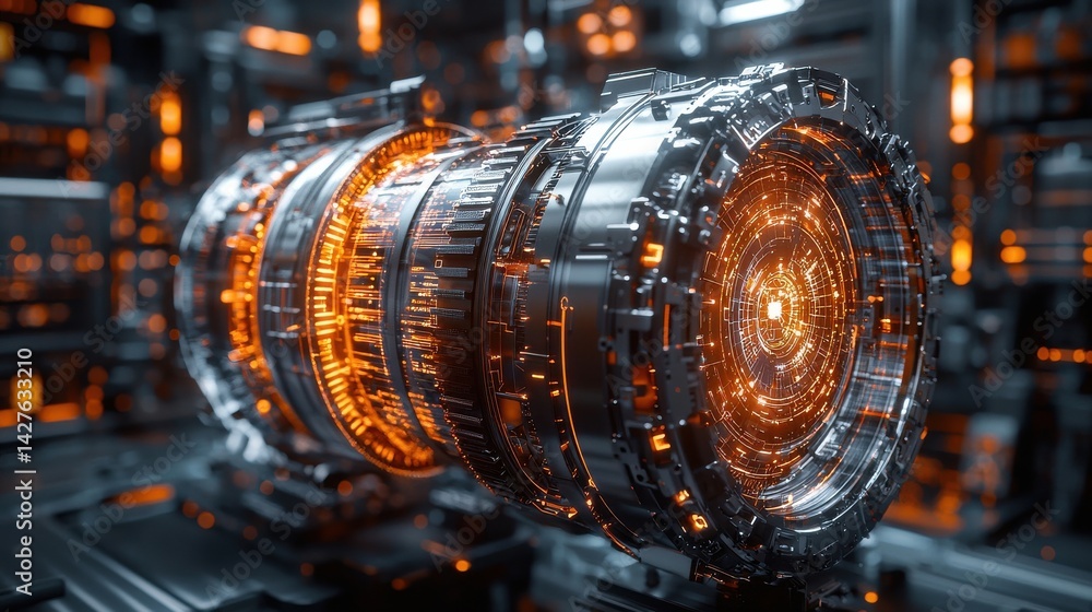 Aufkleber futuristic turbine engine or power generator glowing with intense metallic radiance in an industrial