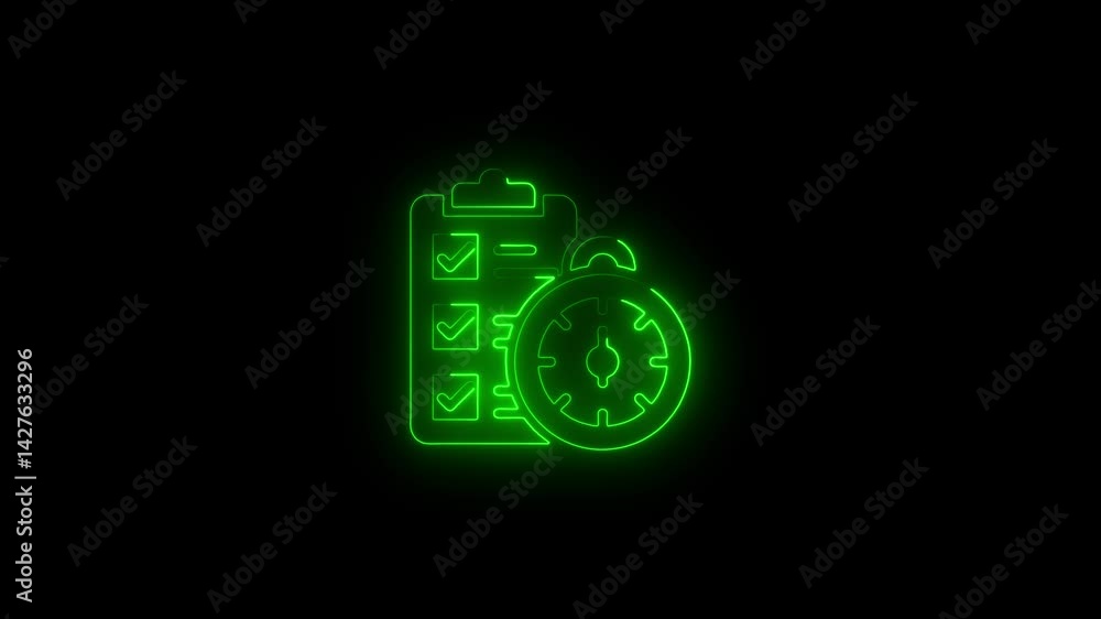 Poster glowing neon line done-list icon animation.4k motion graphic video animation.on a isolated black bac