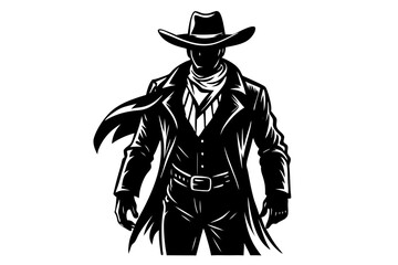 Naklejka premium A lone cowboy stands tall in a classic illustration, with a shadowed face and a strong silhouette. The iconic western attire, complete with a wide-brimmed hat and long coat. generative AI