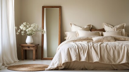 Calm Bedroom Interior: A serene bedroom features a beige linen bedding set, complemented by a wooden bedside table, a vase of white flowers, and a full-length mirror. The room exudes tranquility.