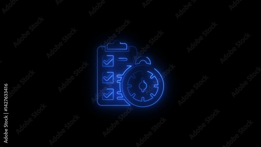Poster glowing neon line done-list icon animation.4k motion graphic video animation.on a isolated black bac