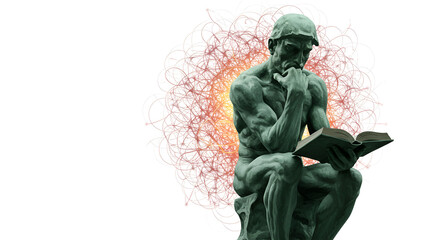 a thinker statue holding a book with neural network patterns glowing behind, isolated on white