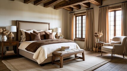 Fototapeta premium Rustic Elegance in a Master Bedroom: A spacious and inviting master bedroom showcasing rustic charm with exposed wooden beams, large windows, plush bedding, and a cozy armchair.
