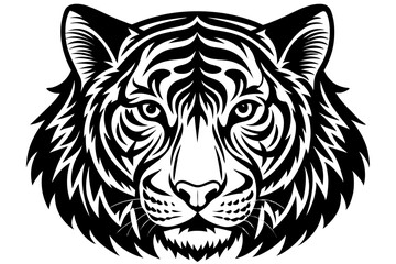 A striking, black and white illustration of a majestic tiger's face. Showcasing the power, beauty, and intricate detail of its features. generative AI