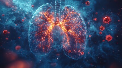 Glowing Digital of Coronavirus Lungs with Fiery Red and Blue Particles Representing the COVID 19 Pandemic and Global Health Crisis