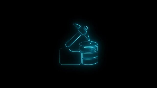 Glowing neon line data-mining icon animation.4k motion graphic video animation.on a isolated black background