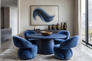 Japandi, minimalist interior design of modern living room. Dining room with blue dining table and stylish chairs.


