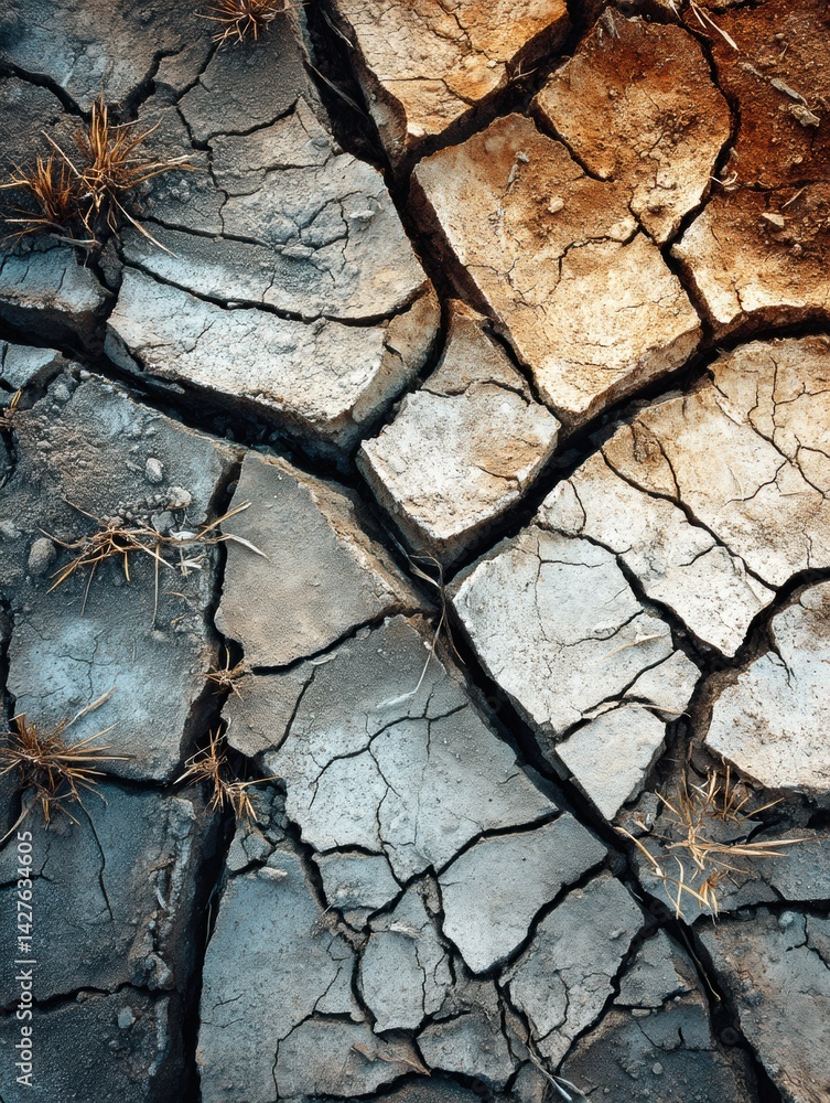 Poster detailed view of cracked dry soil showing natural earthy tones and patterns in a sunlit environment 
