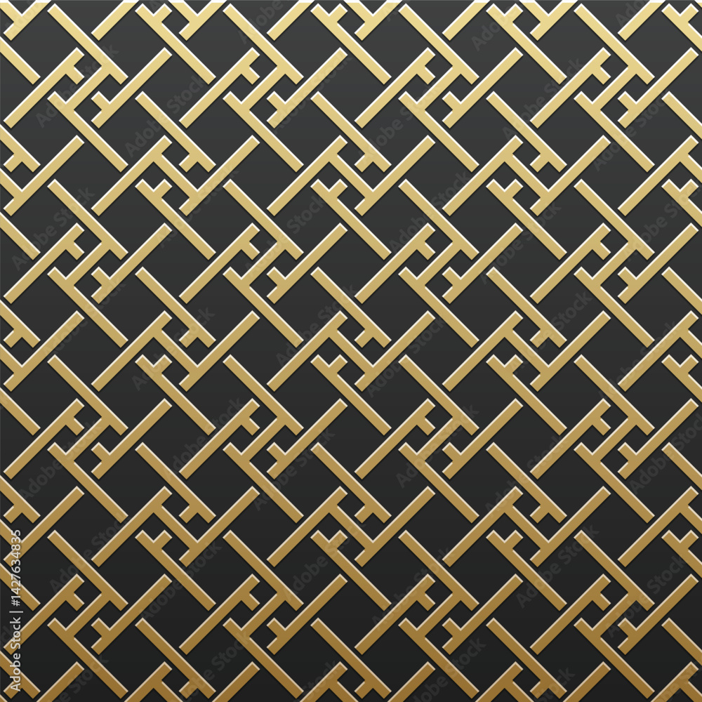 Poster goldlined black weave pattern of interlocking shifted tshaped lines