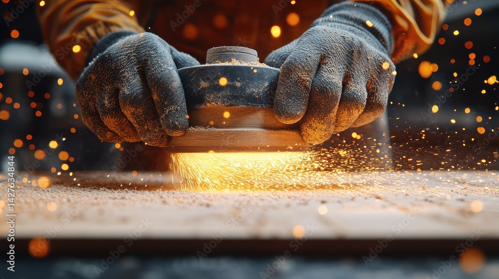 Poster closeup of worker s hands operating angle grinder tool creating bright sparks and intense glow in an