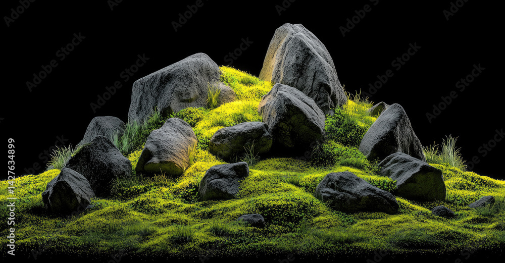 Poster serene and isolated landscape featuring cluster of large rocks surrounded by vibrant green moss and 