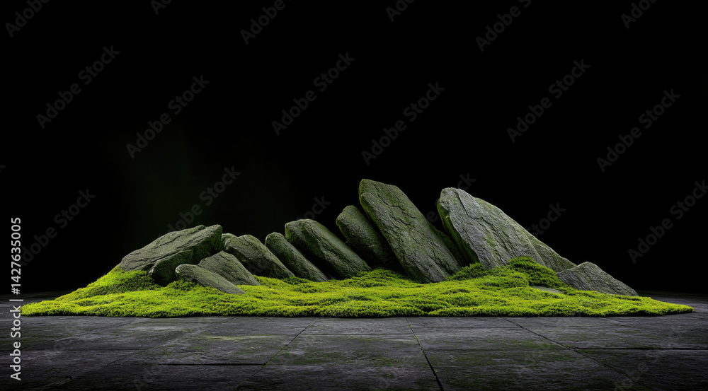 Poster serene isolated landscape featuring large moss covered rocks on dark background, creating tranquil a