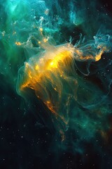 Abstract colorful nebula cloud with yellow and green hues against a dark background.