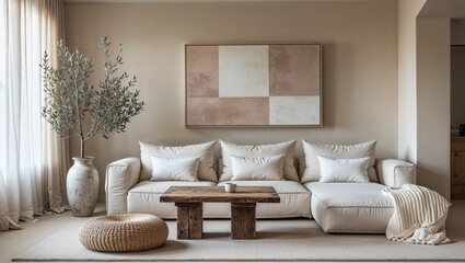 a minimalist and cozy living room interior. The layout features a neutral color palette with a focus on beige and cream tones.