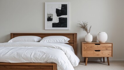  a minimalist and modern bedroom interior. The layout features a wooden bed frame with crisp white bedding