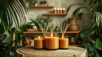 Scented candles and reeds on a rustic wooden table.