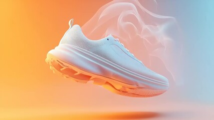 A floating white sneaker with a smooth design, set against a vibrant gradient background showcasing motion