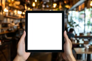 Tablet in a cafe setting. Hands holding a blank tablet screen in a restaurant