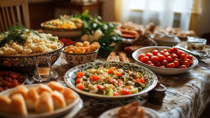 Popular Soviet Olivier salad close-up on a village table.
