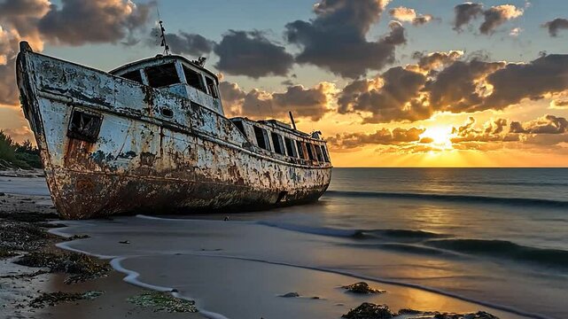 Abandoned shipwreck on a serene beach at sunset with dramatic clouds and gentle waves