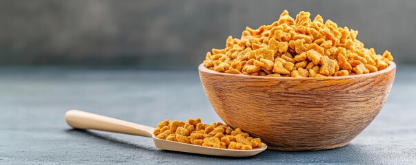 Dry dog food in bowl with animal care scoop concept. A bowl filled with golden granola, perfect for healthy snacks.