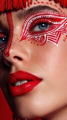 Close up view of woman face with bright creative make up design. Red lipstick bold red white and black painted details. Artistic style for fashion beauty advertising. Editorial make up.