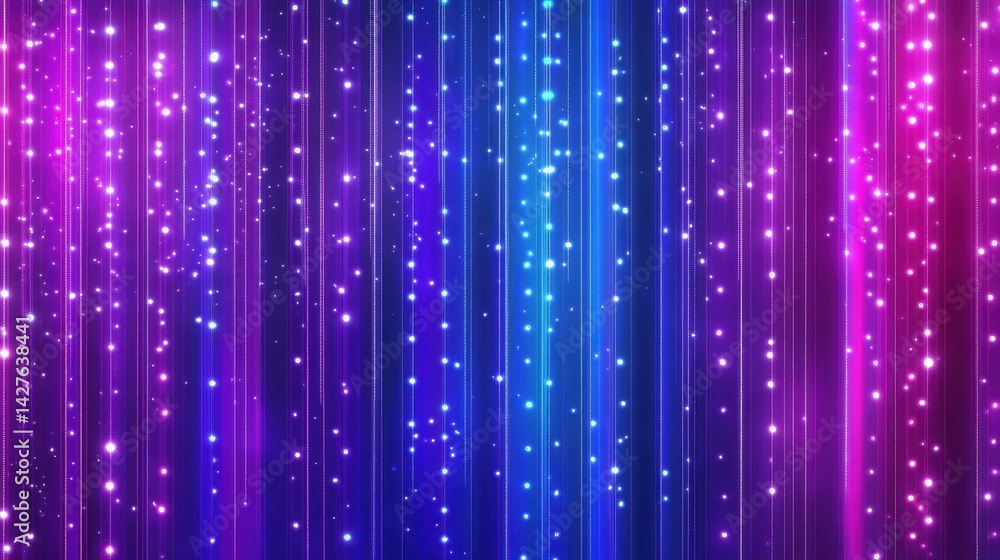 Poster purple and blue gradient lights arranged in vertical lines with glowing dots, creating an abstract f