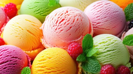 Colorful Ice Cream Scoops with Berries  Mint.