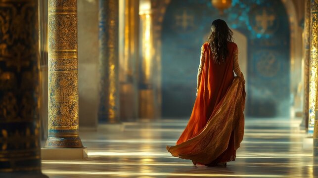 Rainha Esther caminhando pelo pal&Atilde;&iexcl;cio, uma bela hist&Atilde;&sup3;ria de f&Atilde;&copy; e coragem de uma mulher que salvou o seu povo. fotografia do personagem b&Atilde;&shy;blico real, Queen Esther walking through the palace