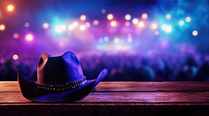 Cowboy Hat on Stage with Concert Lights, and Country Music.