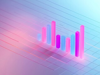 Isometric 3D icon of a data chart featuring bar and line graphs with a frosted glass texture, blue-pink gradient, and purple glow on a white background, in digital tech art style.  
