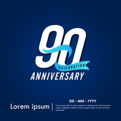 Obraz premium 90th years anniversary celebration emblem. elegant anniversary logo isolated with blue ribbon on dark blue background. vector illustration template design for web, flyers, poster, greeting card