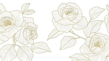 Elegant seamless gold rose line art pattern on a white background, featuring simple flat design in minimalistic linear vector style for high-resolution digital use.  